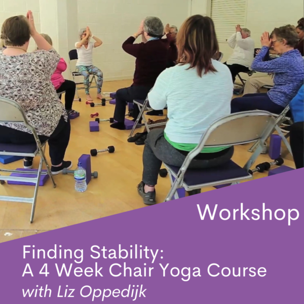 Liz Oppedijk demonstrating an accessible chair yoga course practice
